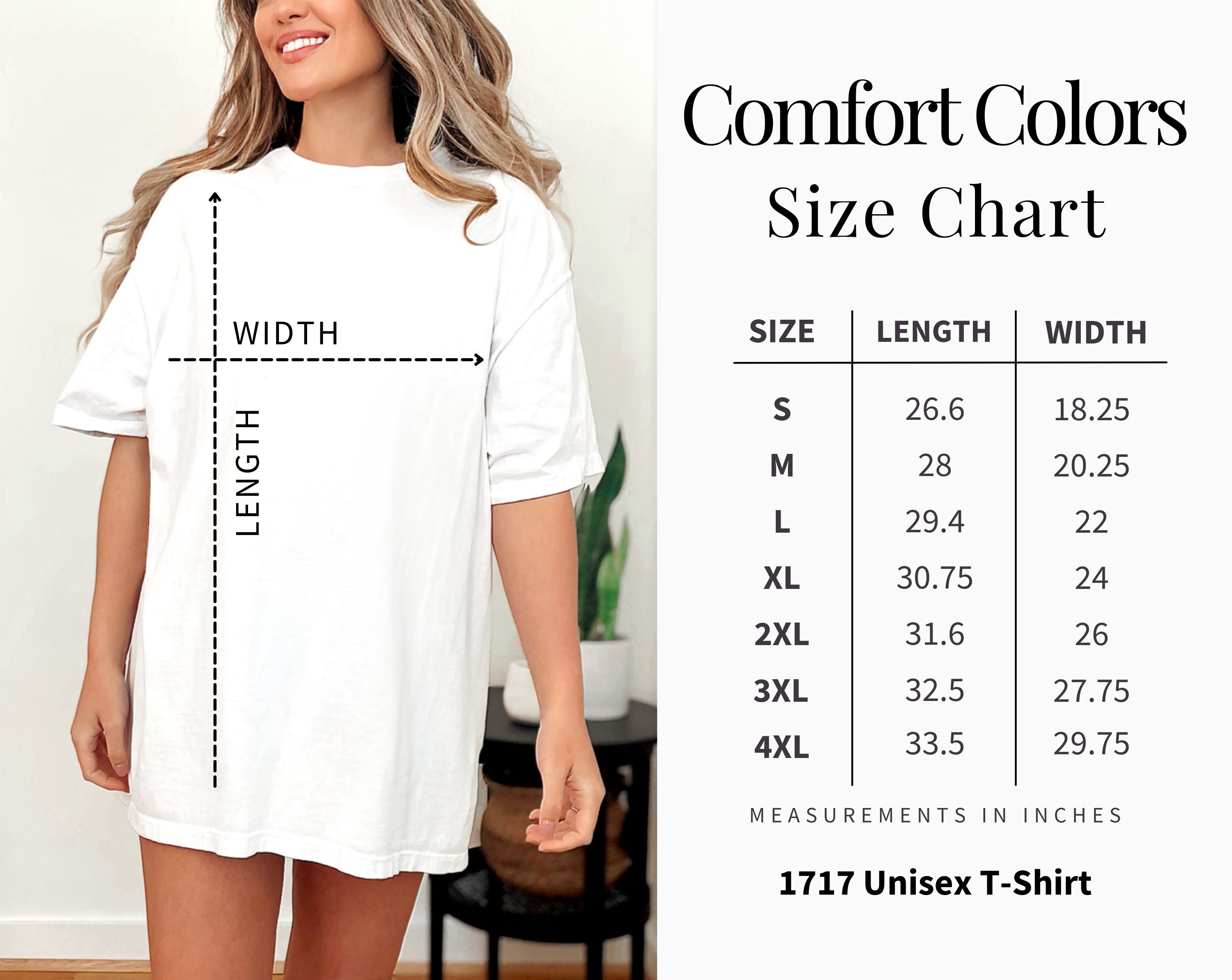 The image is a size chart for a 1717 unisex t-shirt, showing the measurements for different sizes.
