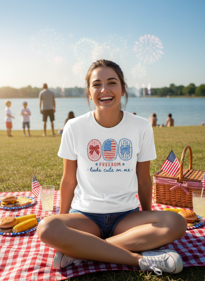 A young woman sits on a picnic blanket, smiling and wearing a white t-shirt with a patriotic design, while a group of people enjoy a picnic with food and drinks in the background.