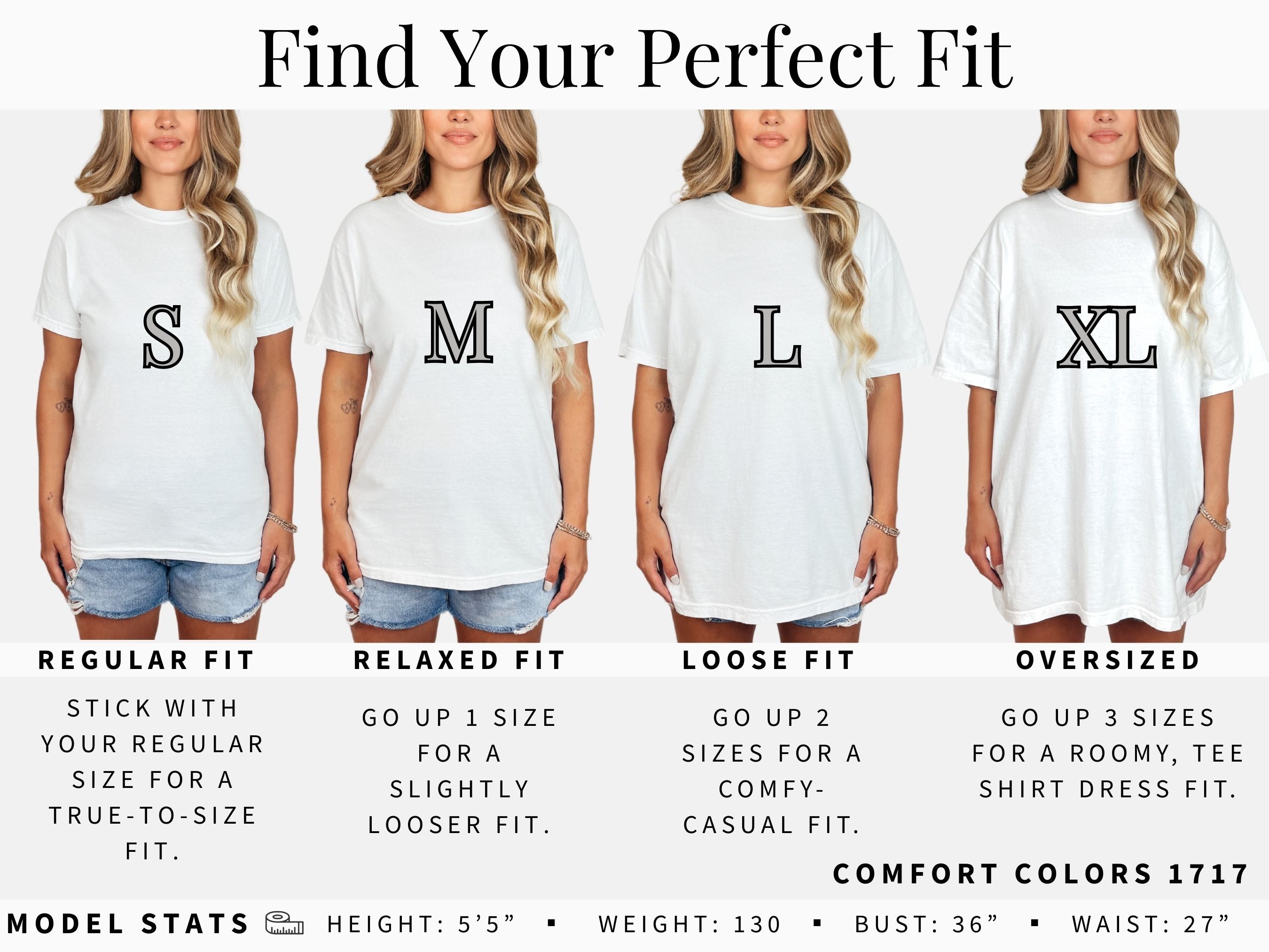 The image is a collage of four images showing different sizes of the same white t-shirt, with each image featuring a woman wearing the t-shirt in a different size.