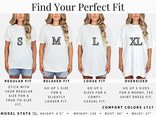 The image is a collage of four images showing different sizes of the same white t-shirt, with each image featuring a woman wearing the t-shirt in a different size.