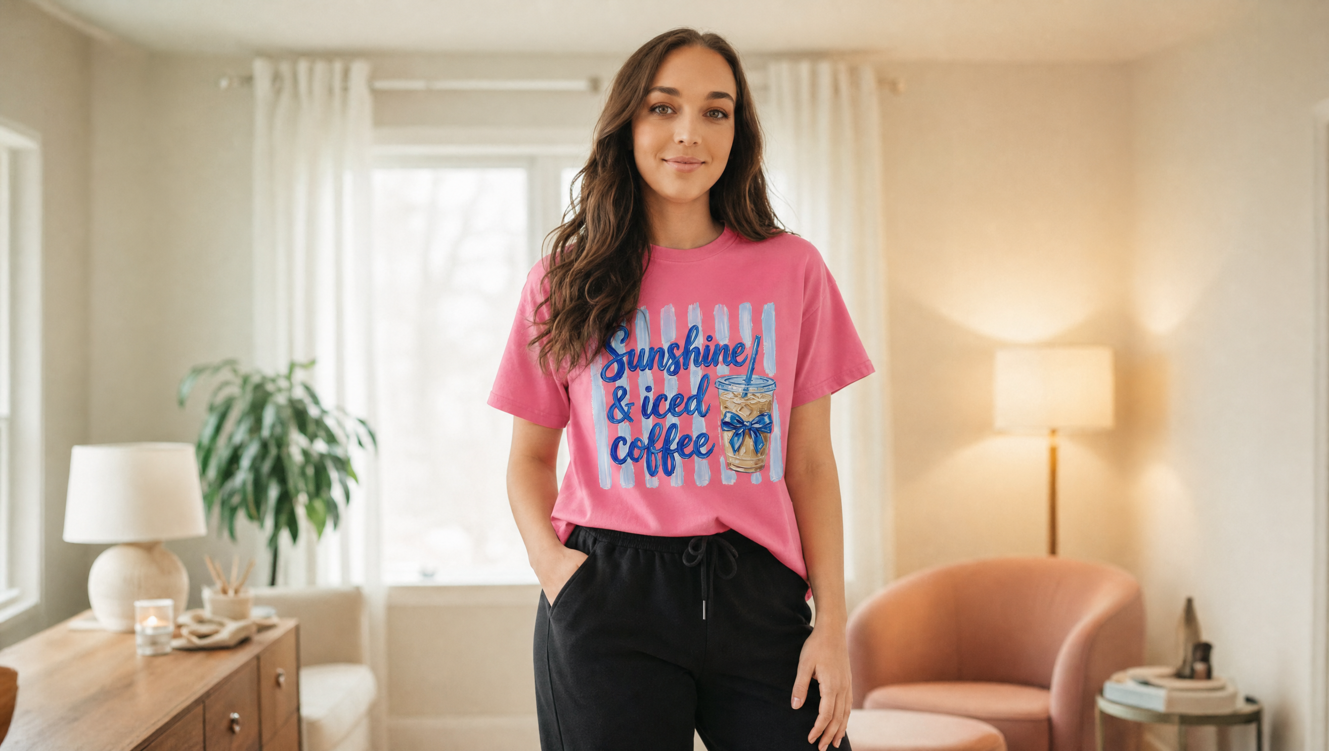 A young woman wearing a pink t-shirt with a graphic design stands in a living room, smiling at the camera.